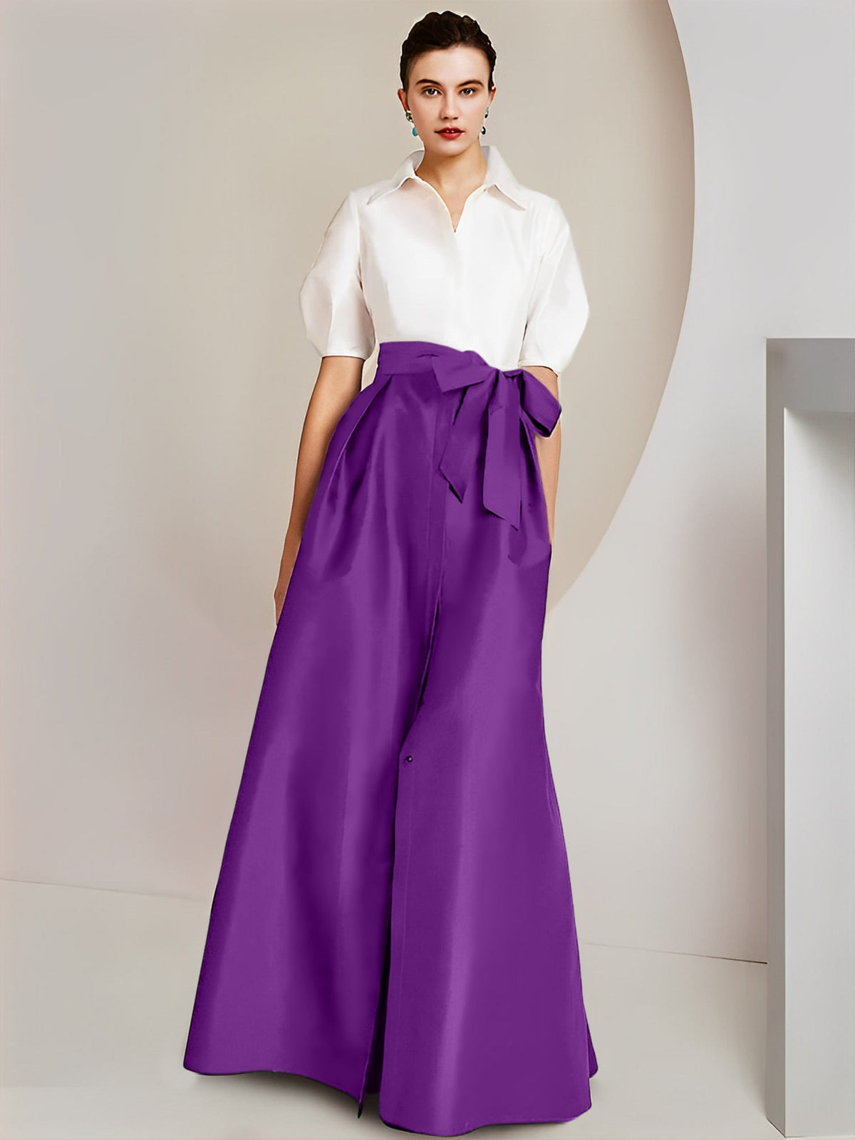 A Line Floor Length Mother Of The Bride Dress Bowknot Shirt Collar Short Sleeves