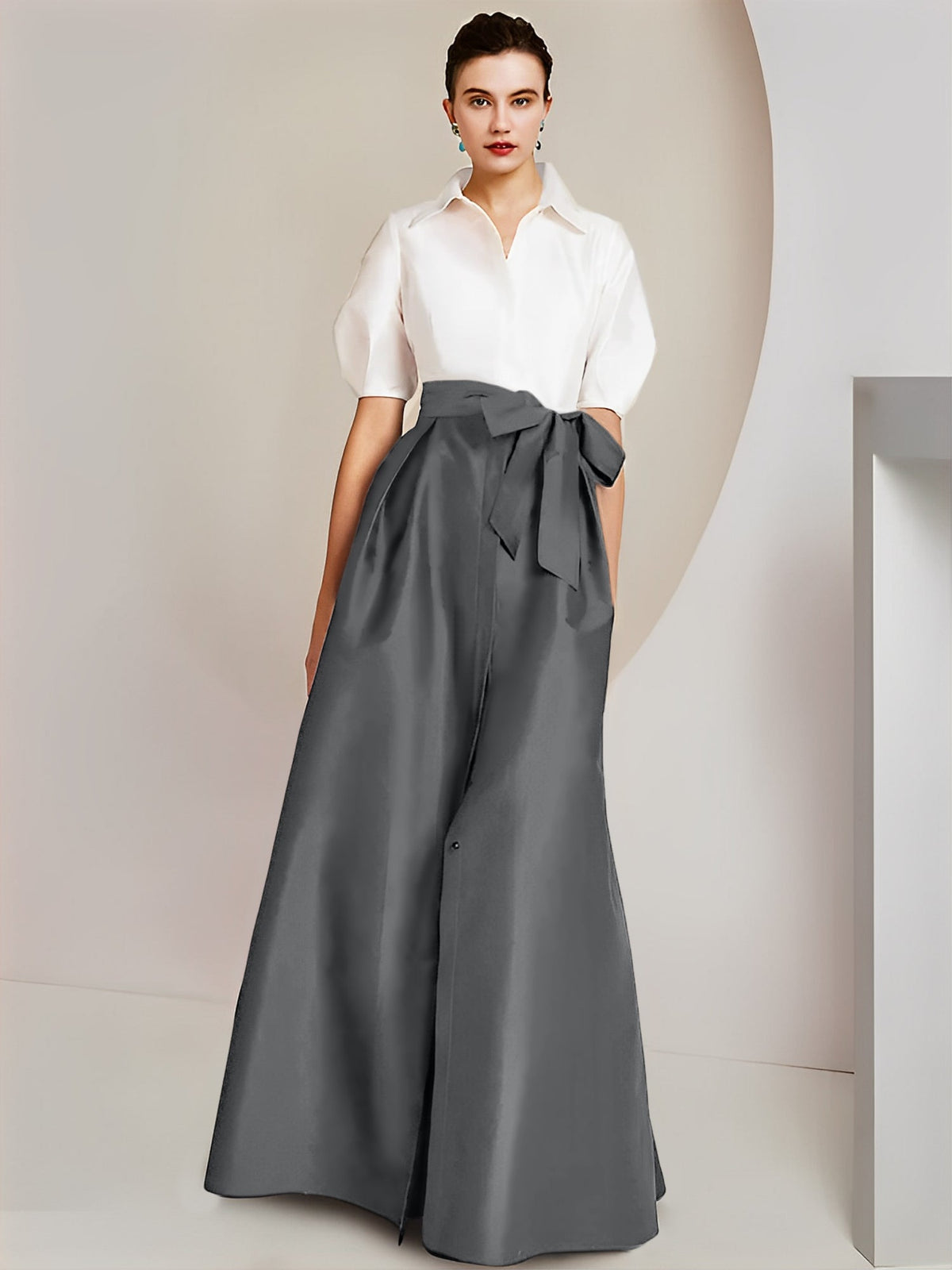 A Line Floor Length Mother Of The Bride Dress Bowknot Shirt Collar Short Sleeves