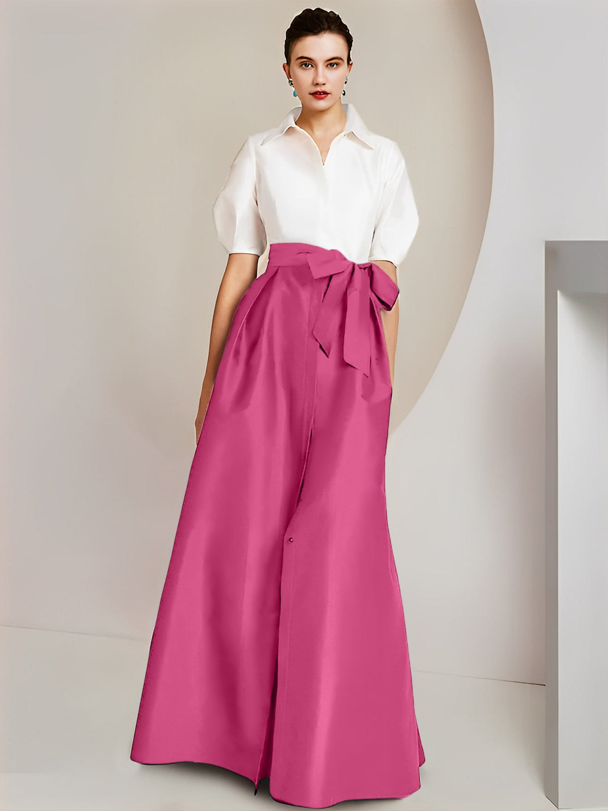 A Line Floor Length Mother Of The Bride Dress Bowknot Shirt Collar Short Sleeves