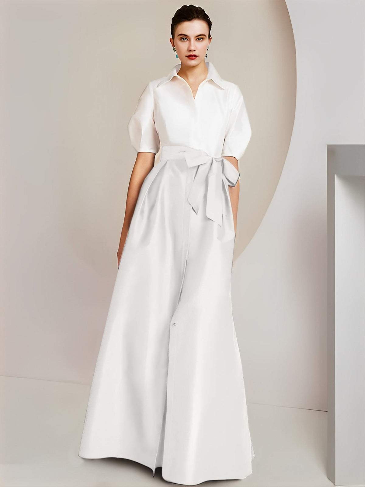 A Line Floor Length Mother Of The Bride Dress Bowknot Shirt Collar Short Sleeves