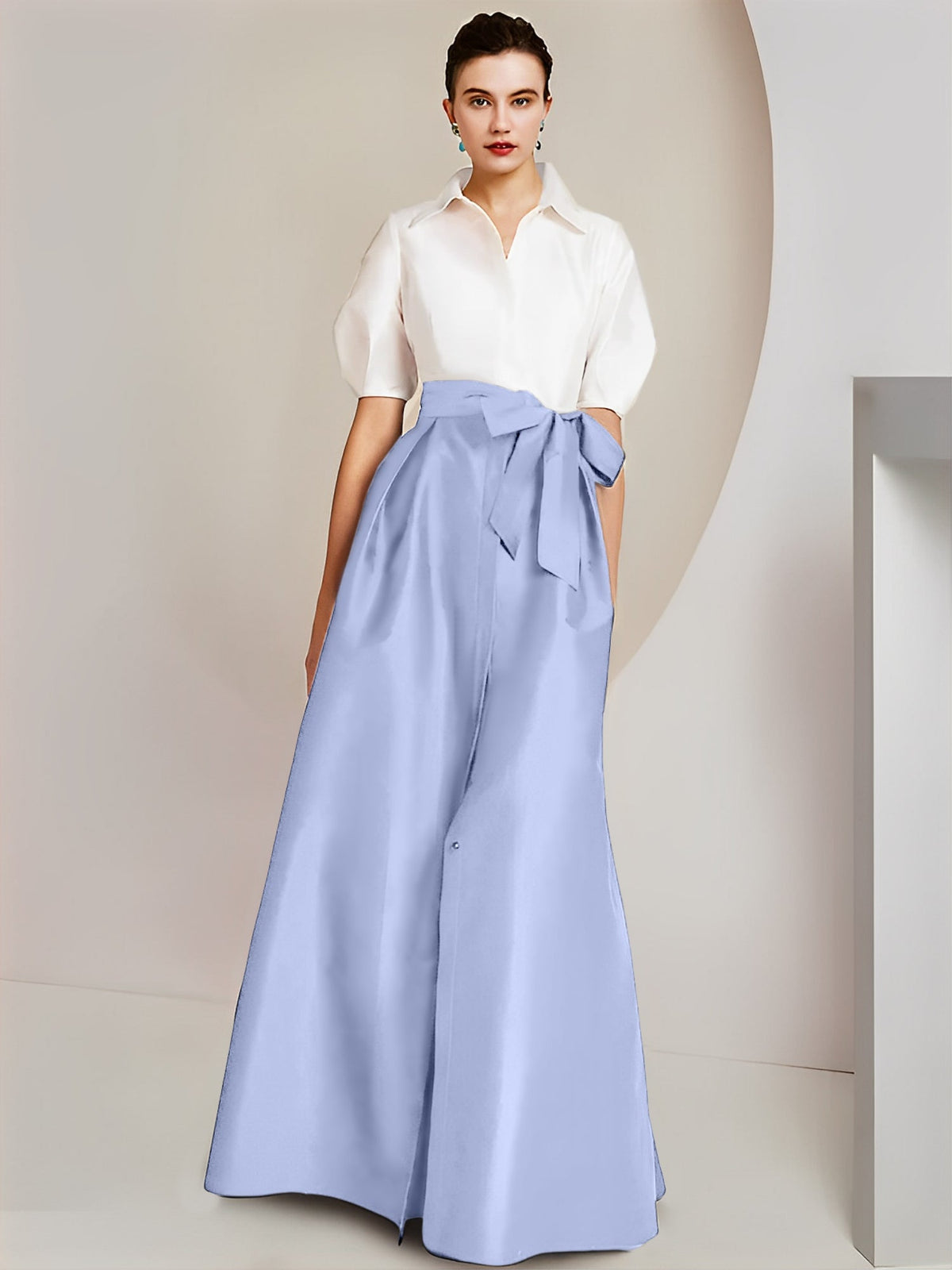 A Line Floor Length Mother Of The Bride Dress Bowknot Shirt Collar Short Sleeves