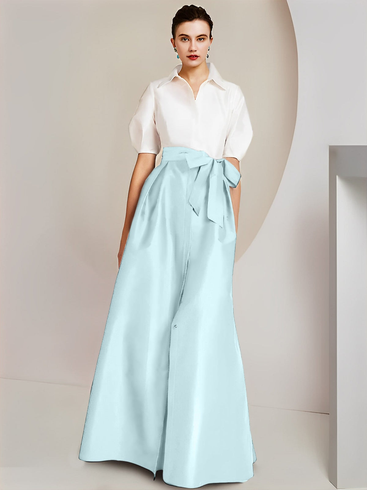A Line Floor Length Mother Of The Bride Dress Bowknot Shirt Collar Short Sleeves