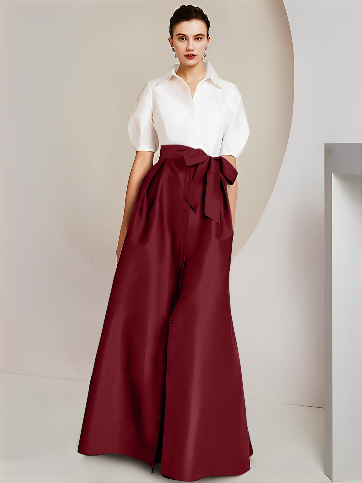 A Line Floor Length Mother Of The Bride Dress Bowknot Shirt Collar Short Sleeves