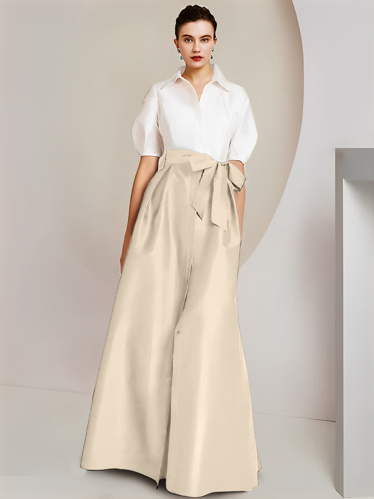 A Line Floor Length Mother Of The Bride Dress Bowknot Shirt Collar Short Sleeves
