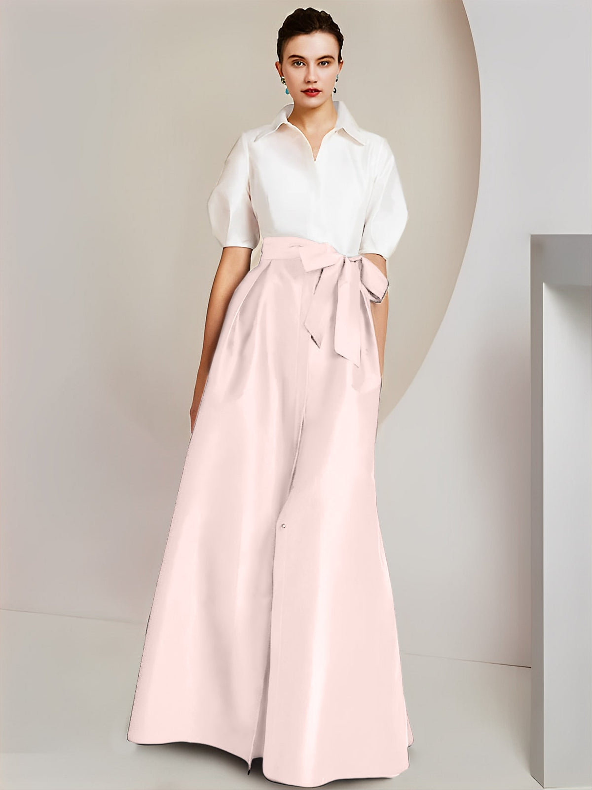 A Line Floor Length Mother Of The Bride Dress Bowknot Shirt Collar Short Sleeves