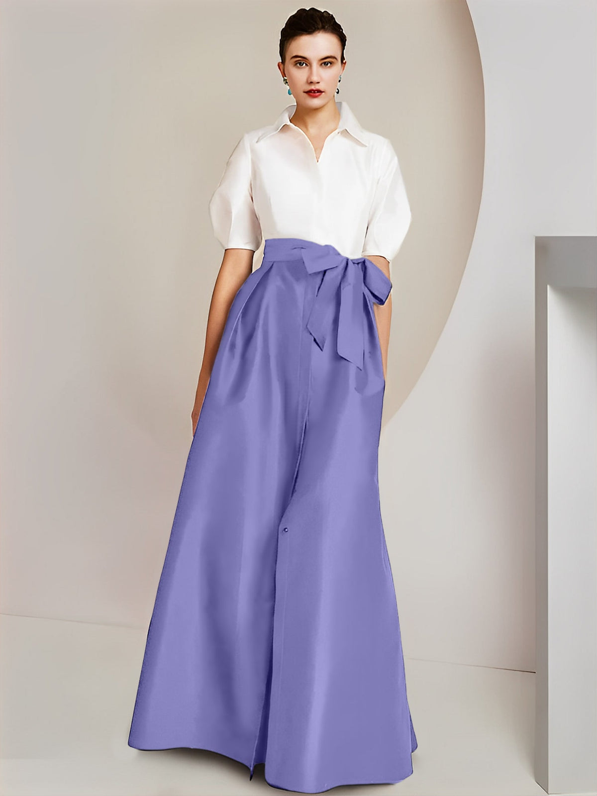 A Line Floor Length Mother Of The Bride Dress Bowknot Shirt Collar Short Sleeves