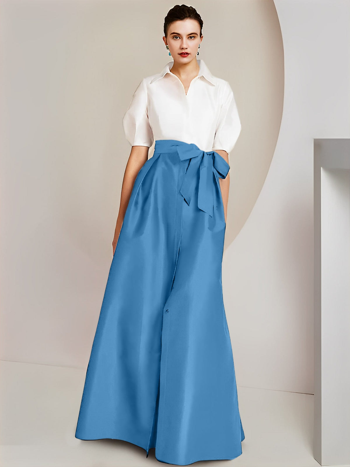 A Line Floor Length Mother Of The Bride Dress Bowknot Shirt Collar Short Sleeves