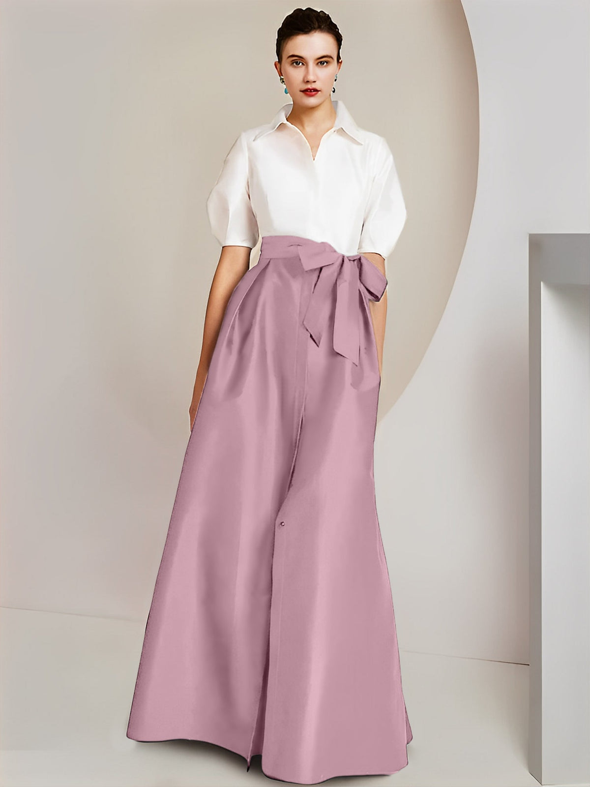 A Line Floor Length Mother Of The Bride Dress Bowknot Shirt Collar Short Sleeves