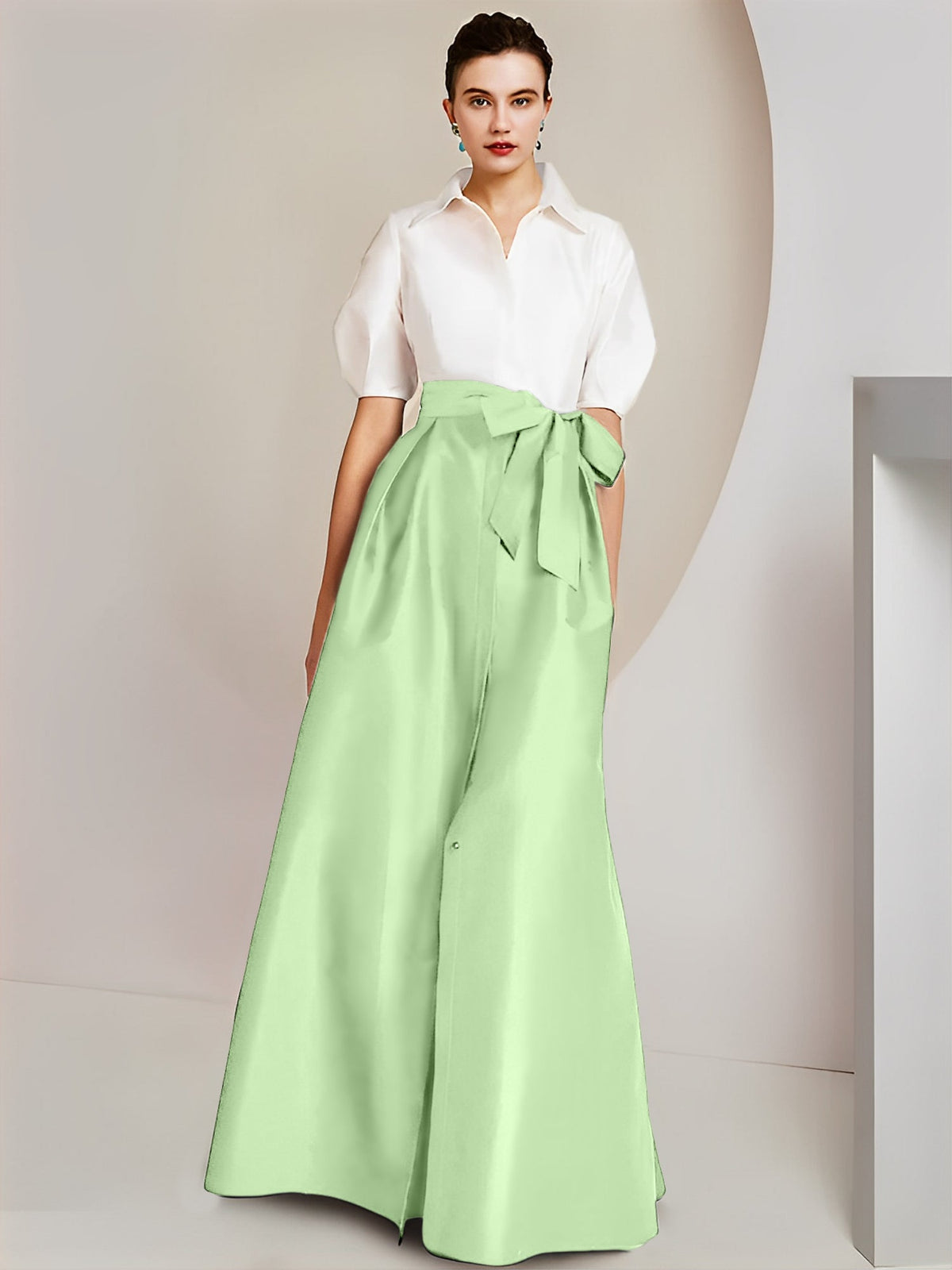 A Line Floor Length Mother Of The Bride Dress Bowknot Shirt Collar Short Sleeves