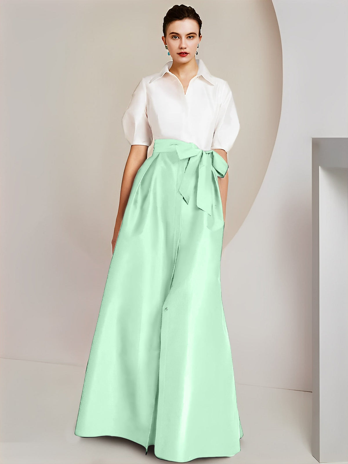 A Line Floor Length Mother Of The Bride Dress Bowknot Shirt Collar Short Sleeves