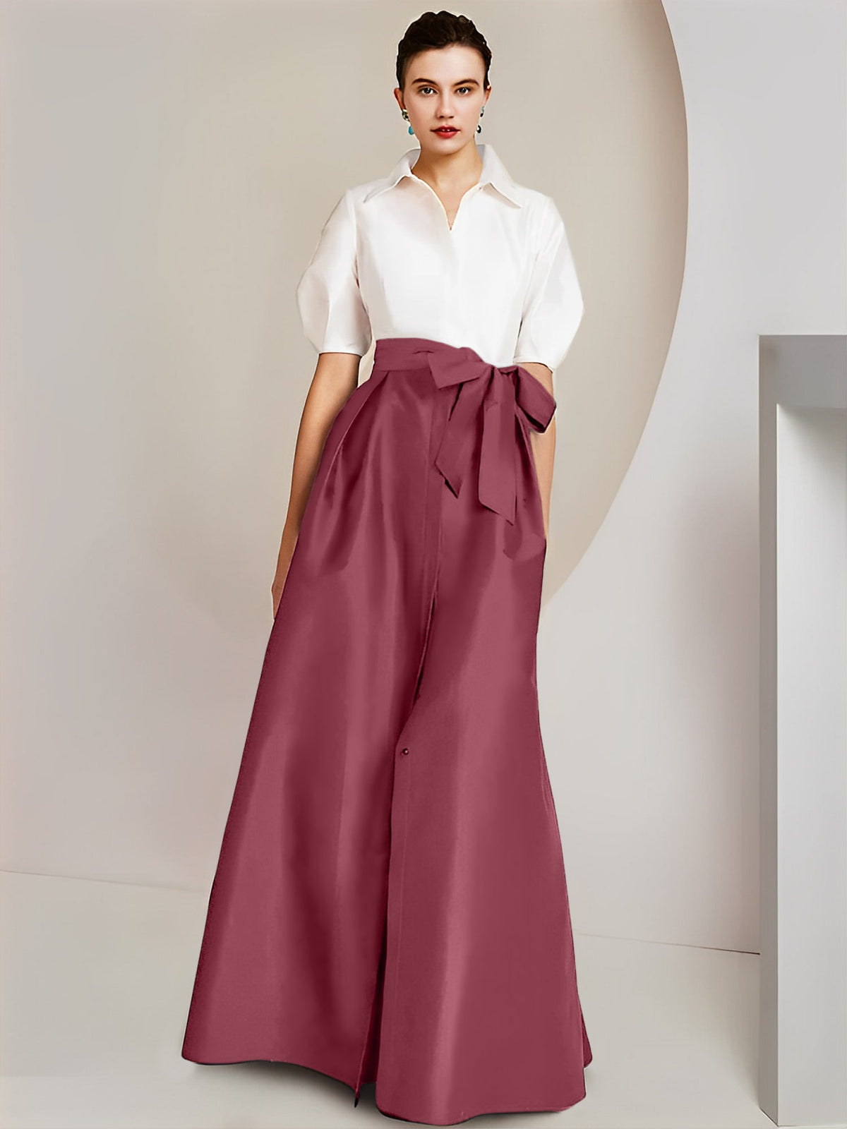 A Line Floor Length Mother Of The Bride Dress Bowknot Shirt Collar Short Sleeves