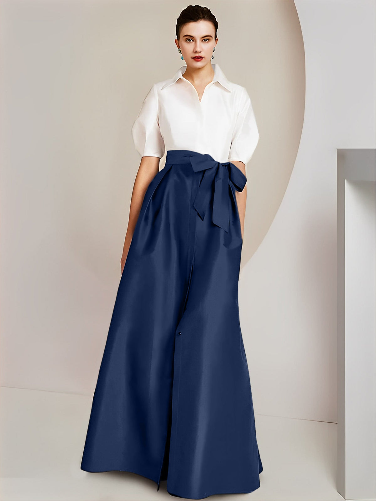 A Line Floor Length Mother Of The Bride Dress Bowknot Shirt Collar Short Sleeves