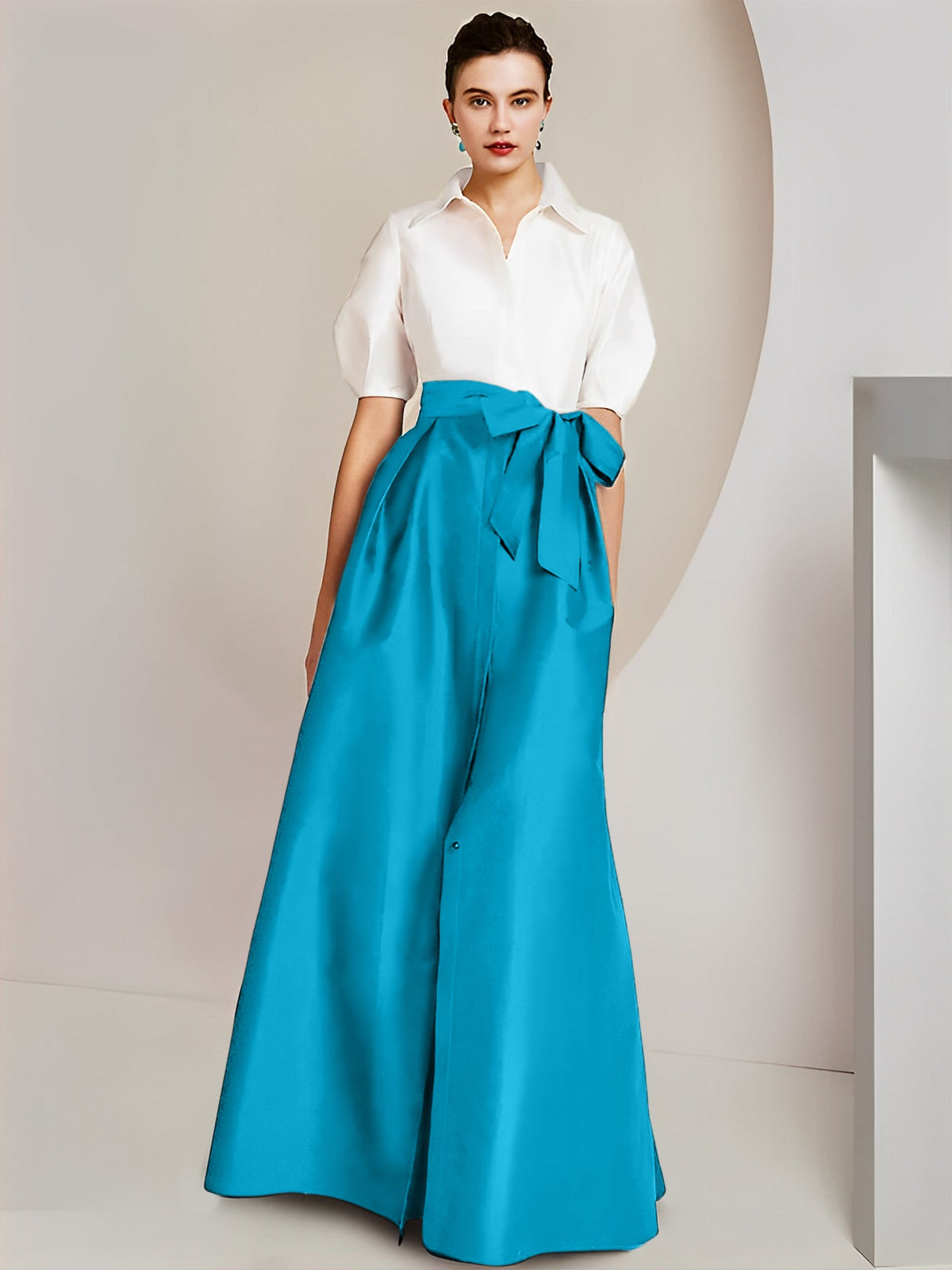 A Line Floor Length Mother Of The Bride Dress Bowknot Shirt Collar Short Sleeves