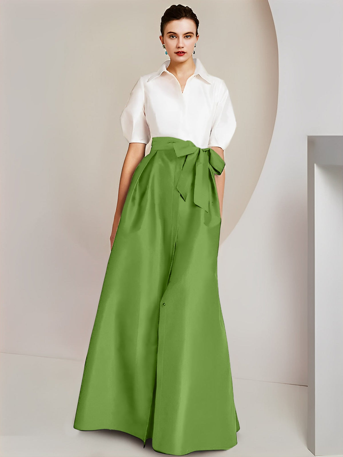 A Line Floor Length Mother Of The Bride Dress Bowknot Shirt Collar Short Sleeves