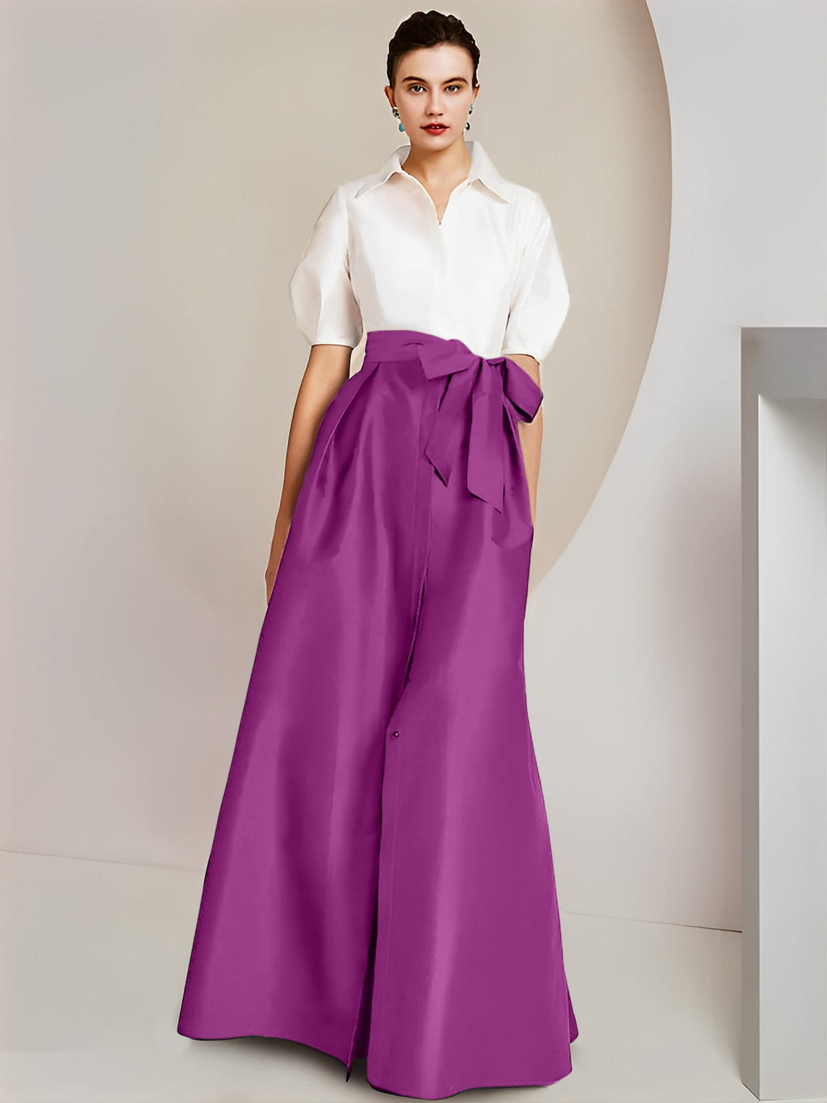 A Line Floor Length Mother Of The Bride Dress Bowknot Shirt Collar Short Sleeves