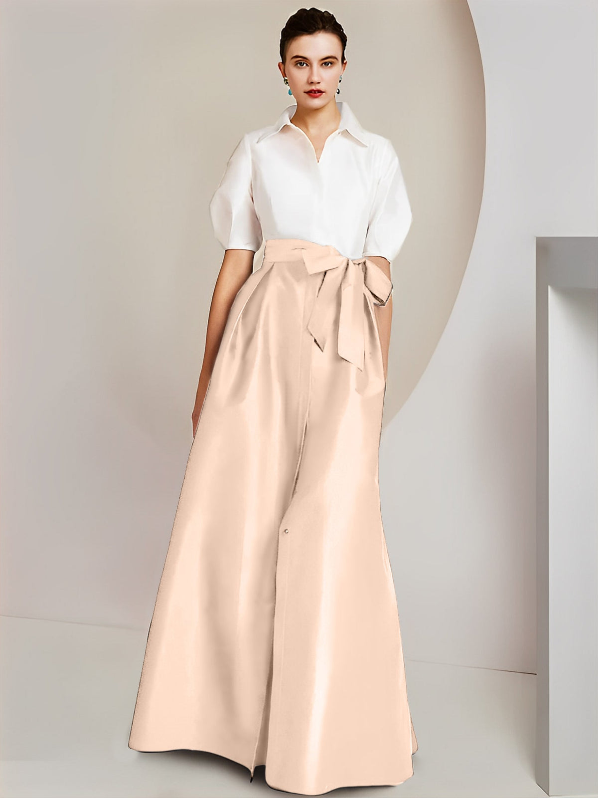 A Line Floor Length Mother Of The Bride Dress Bowknot Shirt Collar Short Sleeves