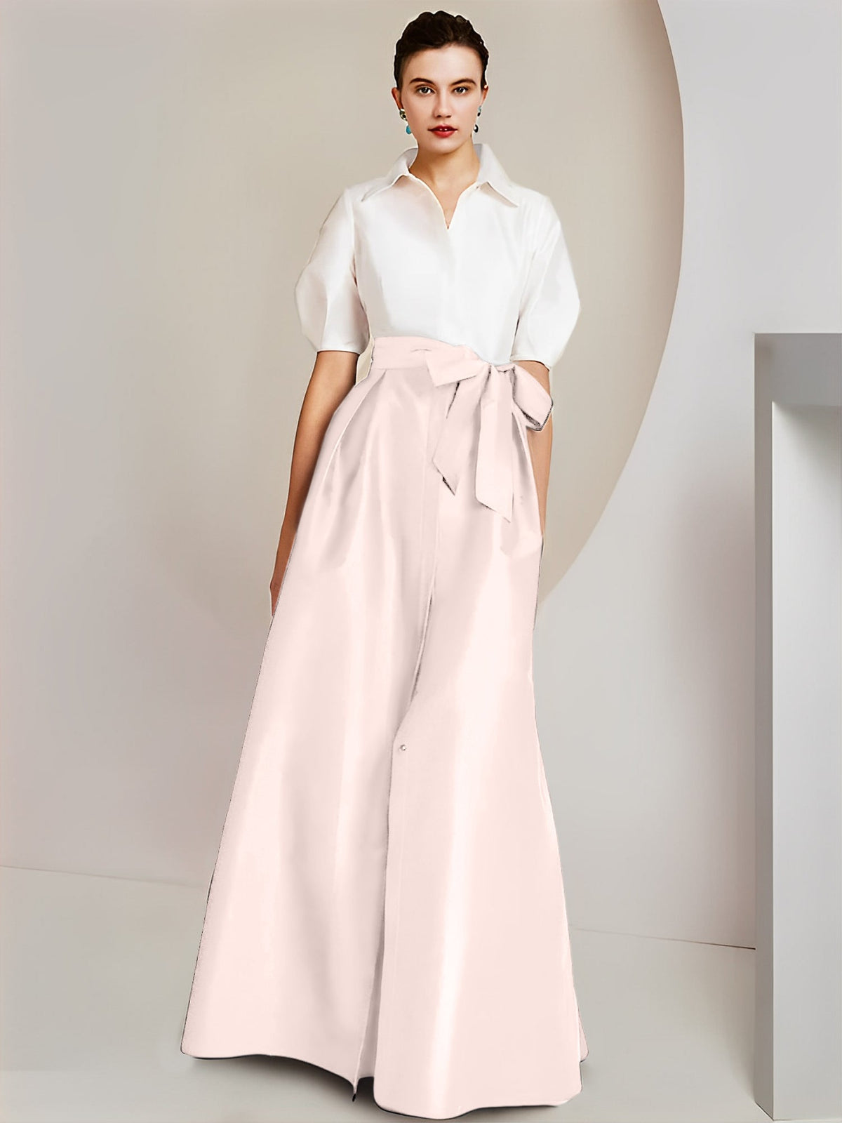 A Line Floor Length Mother Of The Bride Dress Bowknot Shirt Collar Short Sleeves
