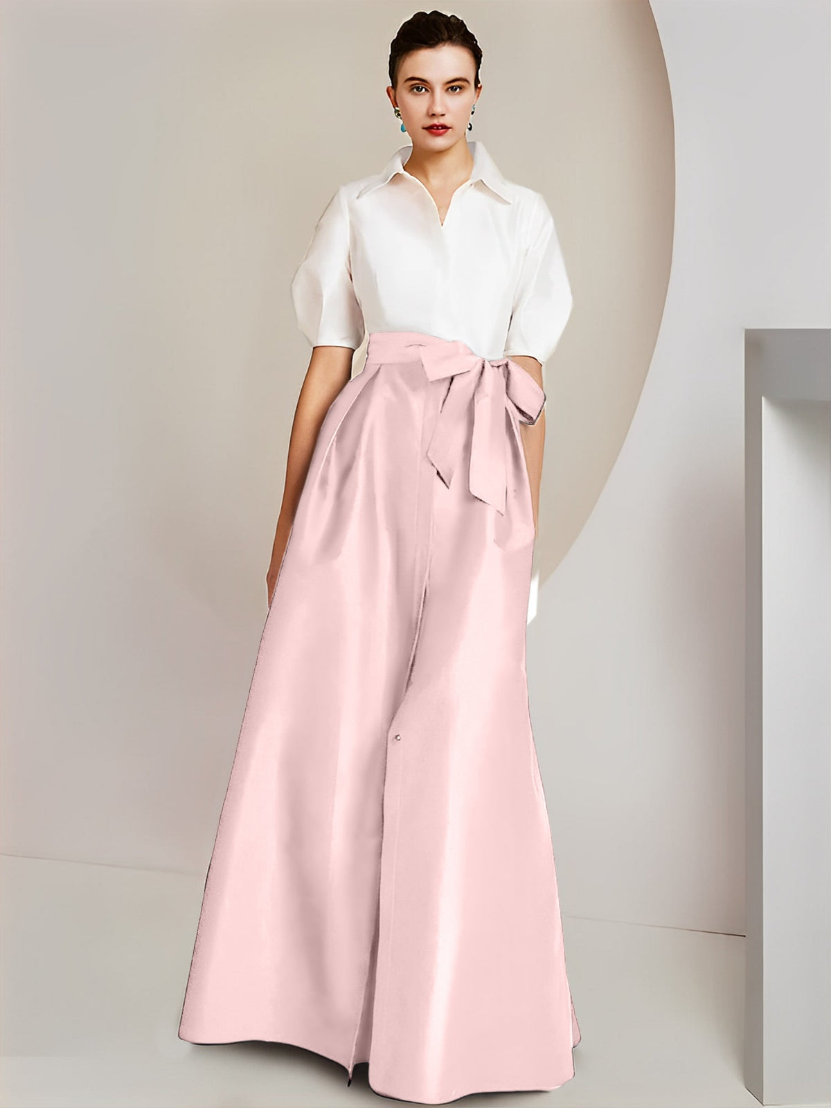 A Line Floor Length Mother Of The Bride Dress Bowknot Shirt Collar Short Sleeves