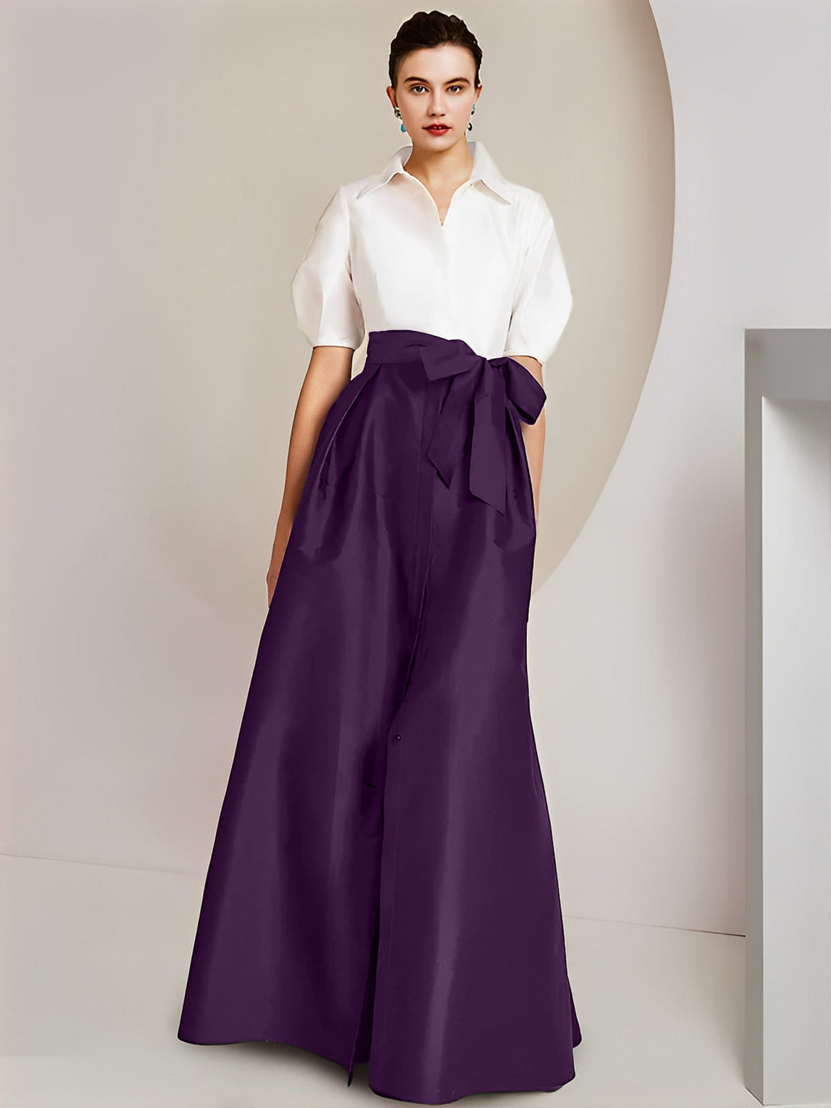 A Line Floor Length Mother Of The Bride Dress Bowknot Shirt Collar Short Sleeves