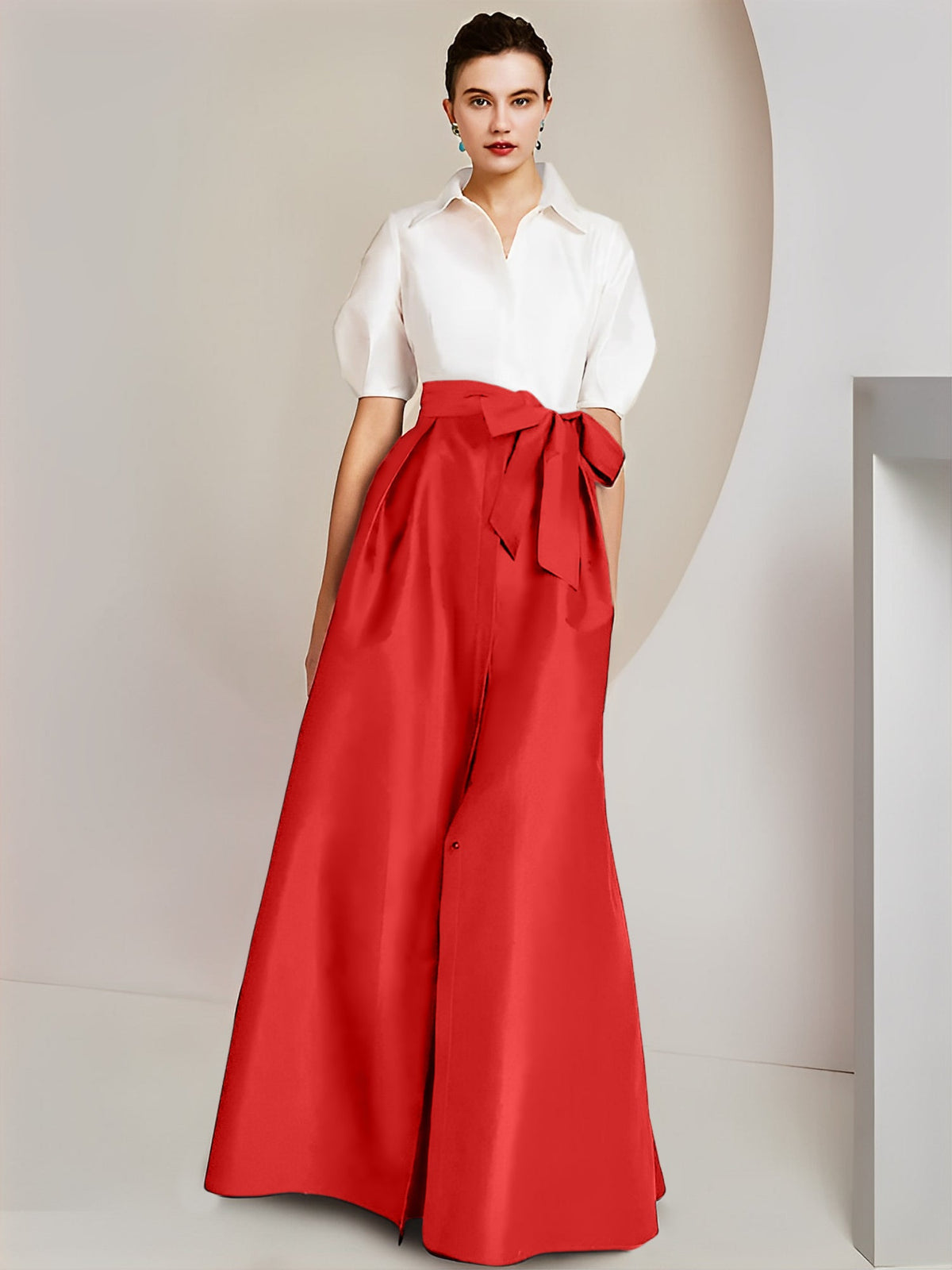 A Line Floor Length Mother Of The Bride Dress Bowknot Shirt Collar Short Sleeves