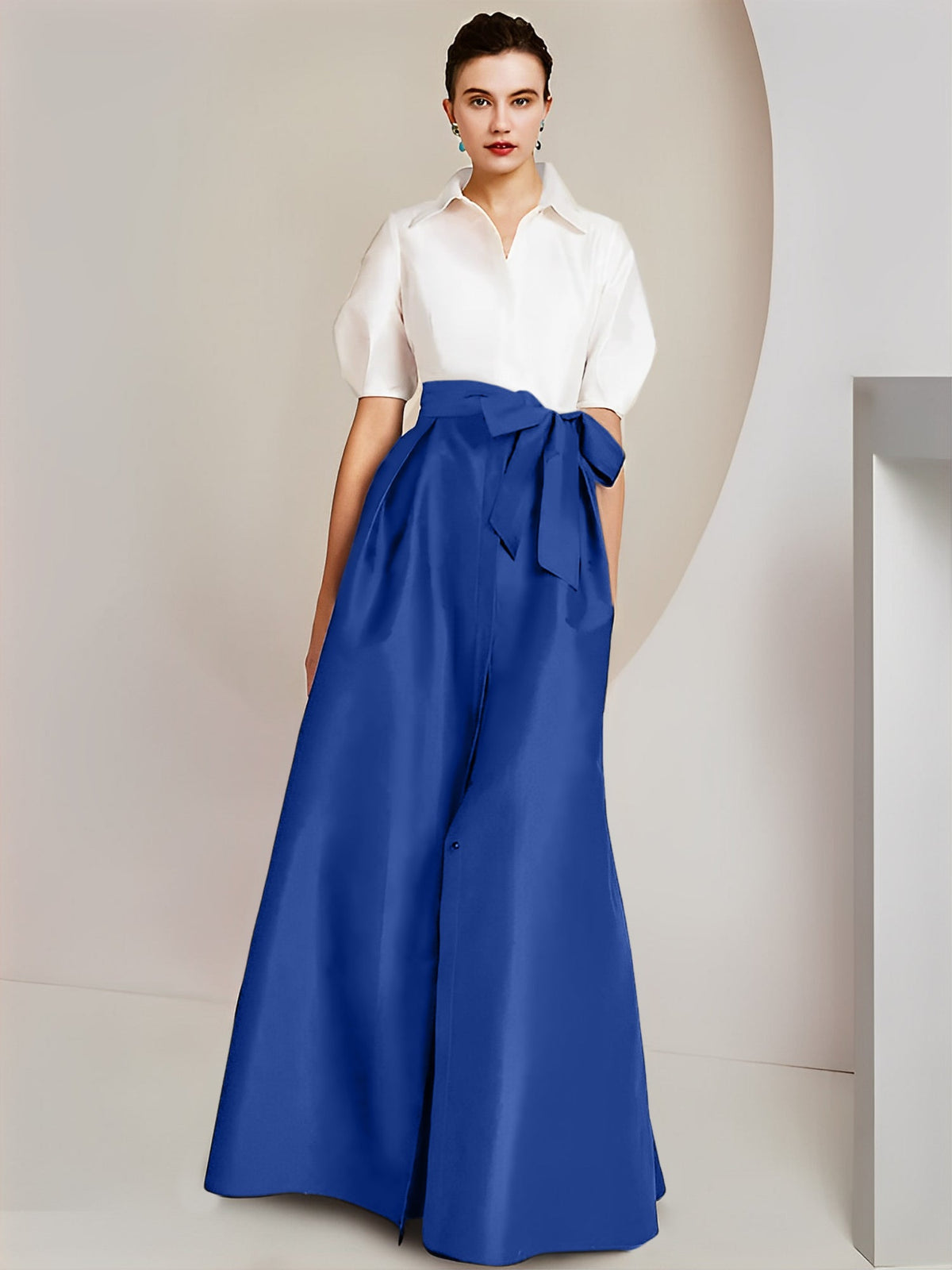 A Line Floor Length Mother Of The Bride Dress Bowknot Shirt Collar Short Sleeves
