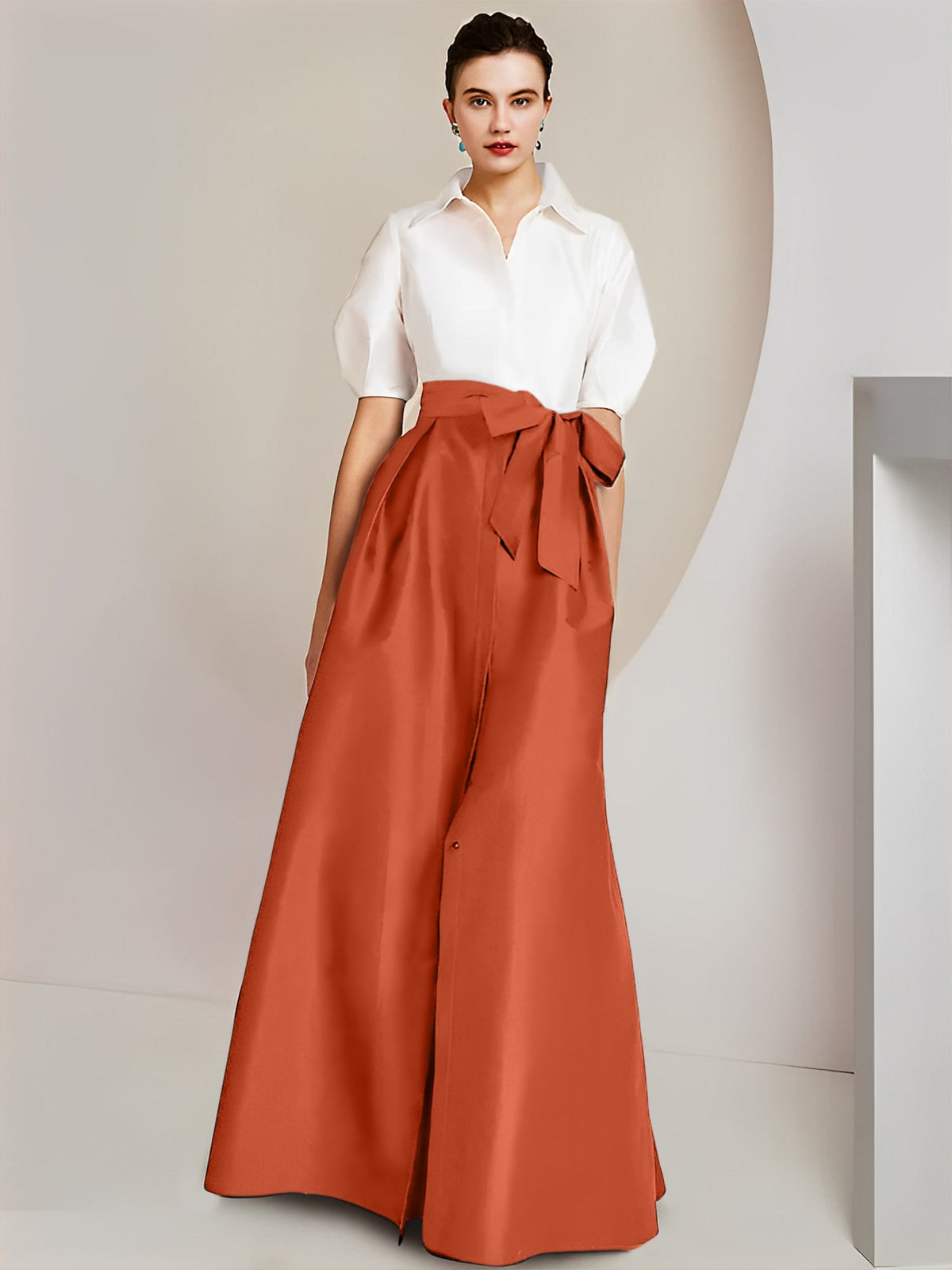 A Line Floor Length Mother Of The Bride Dress Bowknot Shirt Collar Short Sleeves