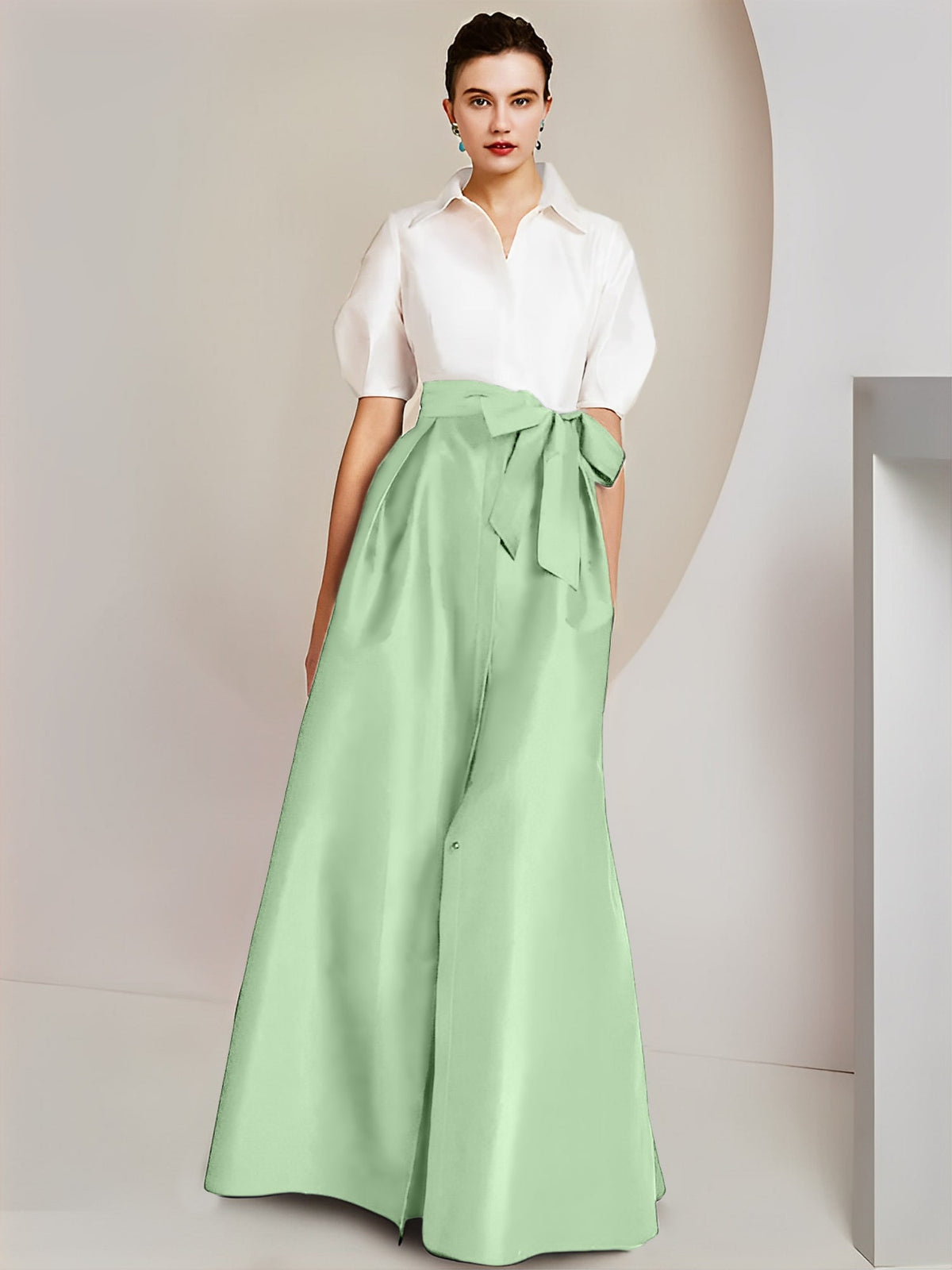 A Line Floor Length Mother Of The Bride Dress Bowknot Shirt Collar Short Sleeves