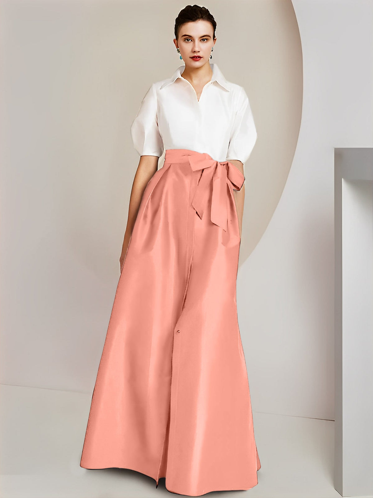A Line Floor Length Mother Of The Bride Dress Bowknot Shirt Collar Short Sleeves