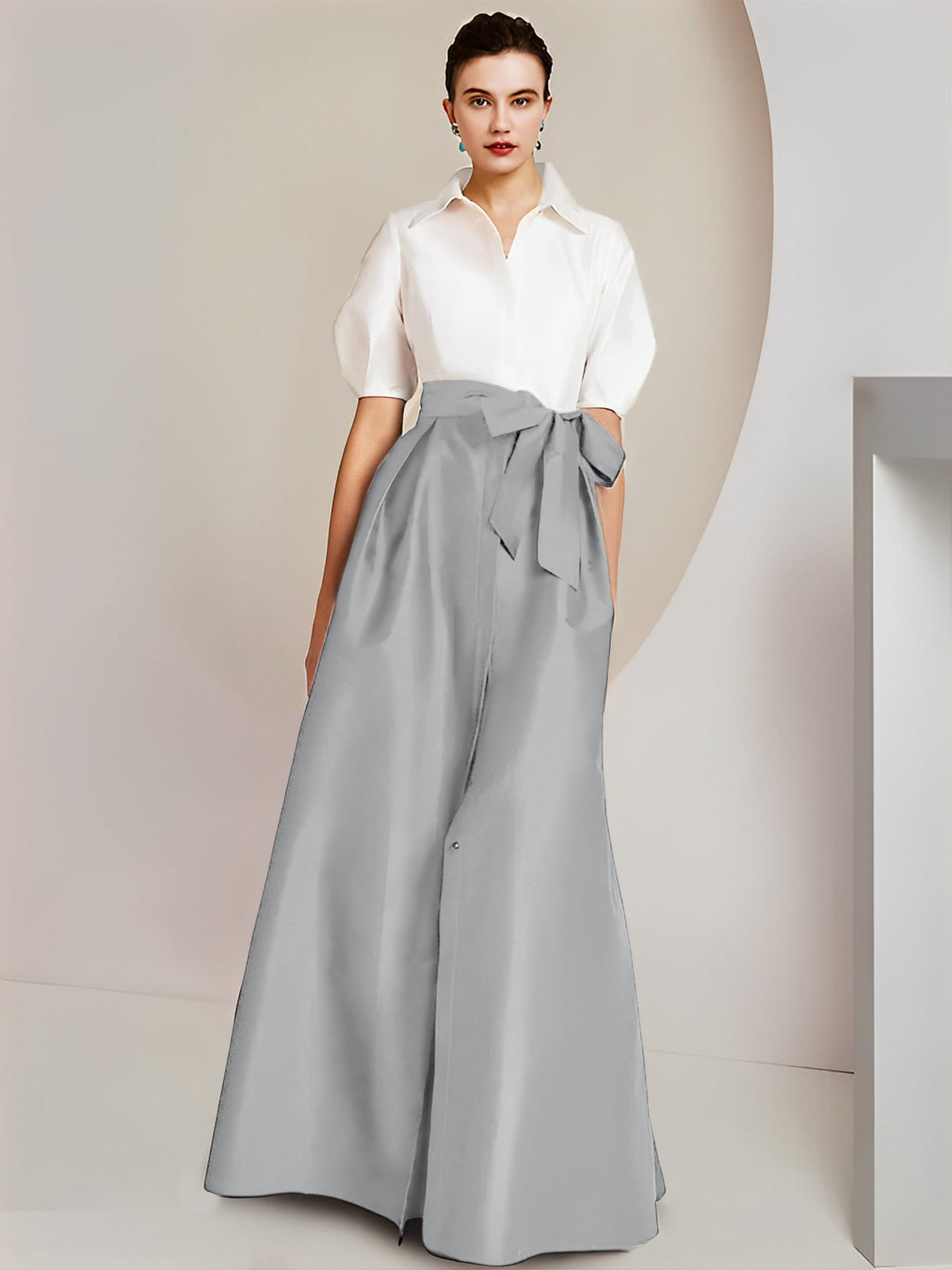 A Line Floor Length Mother Of The Bride Dress Bowknot Shirt Collar Short Sleeves