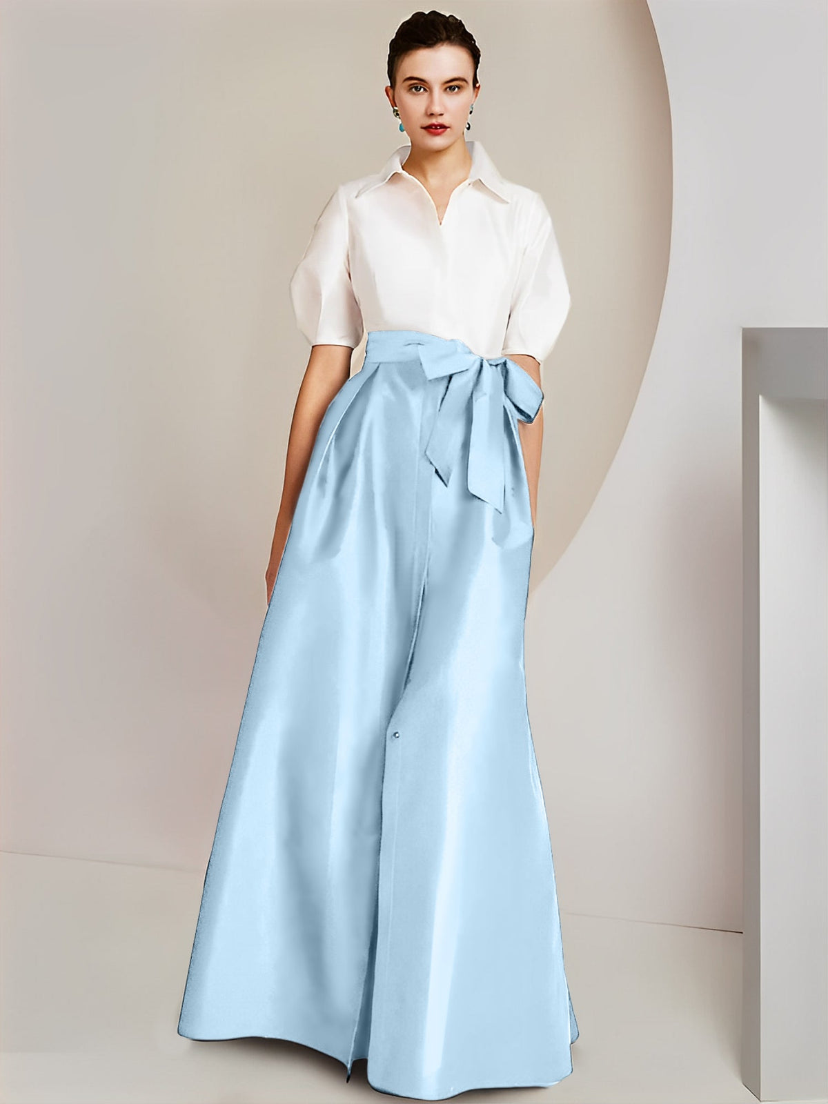 A Line Floor Length Mother Of The Bride Dress Bowknot Shirt Collar Short Sleeves