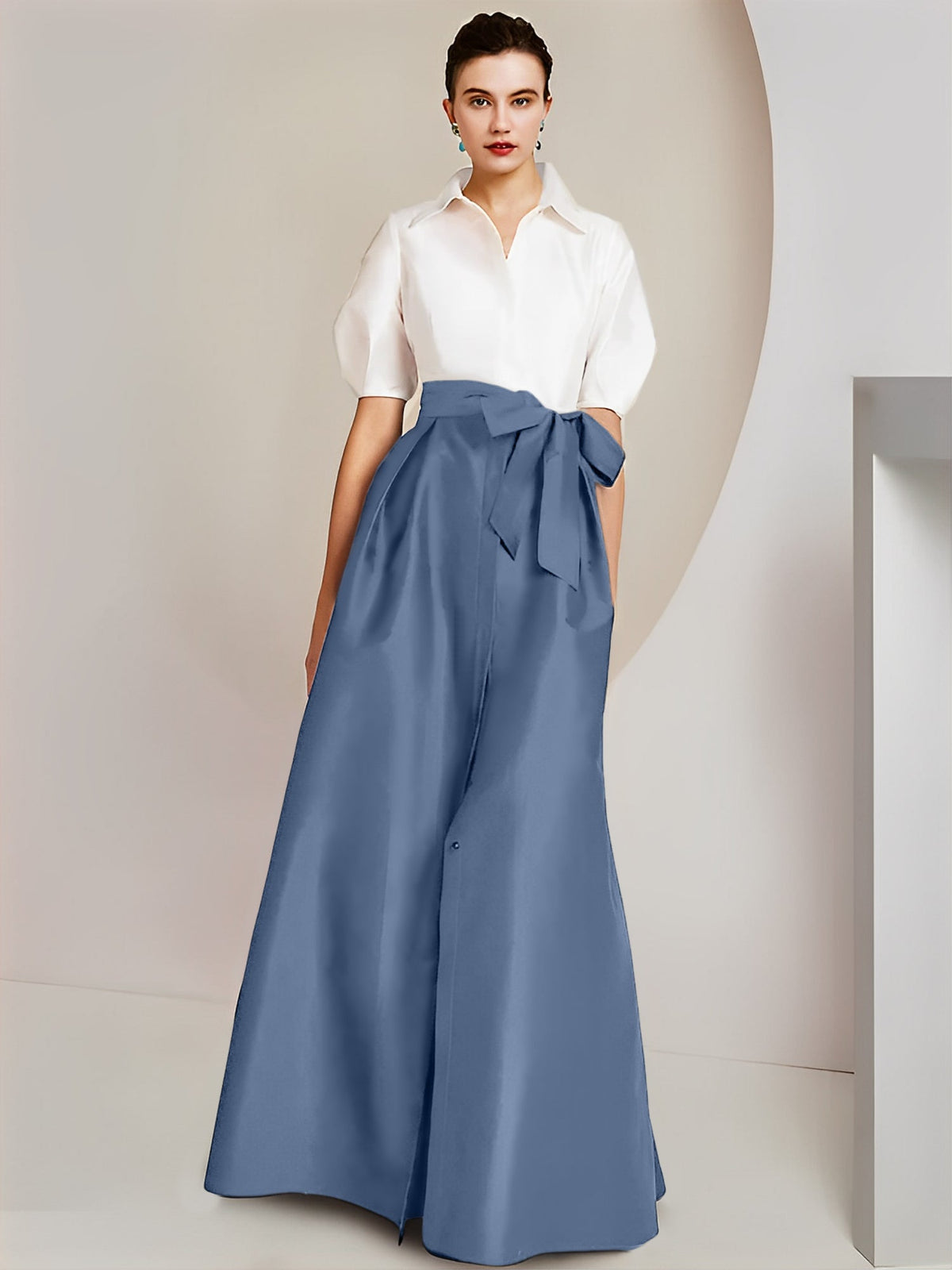 A Line Floor Length Mother Of The Bride Dress Bowknot Shirt Collar Short Sleeves