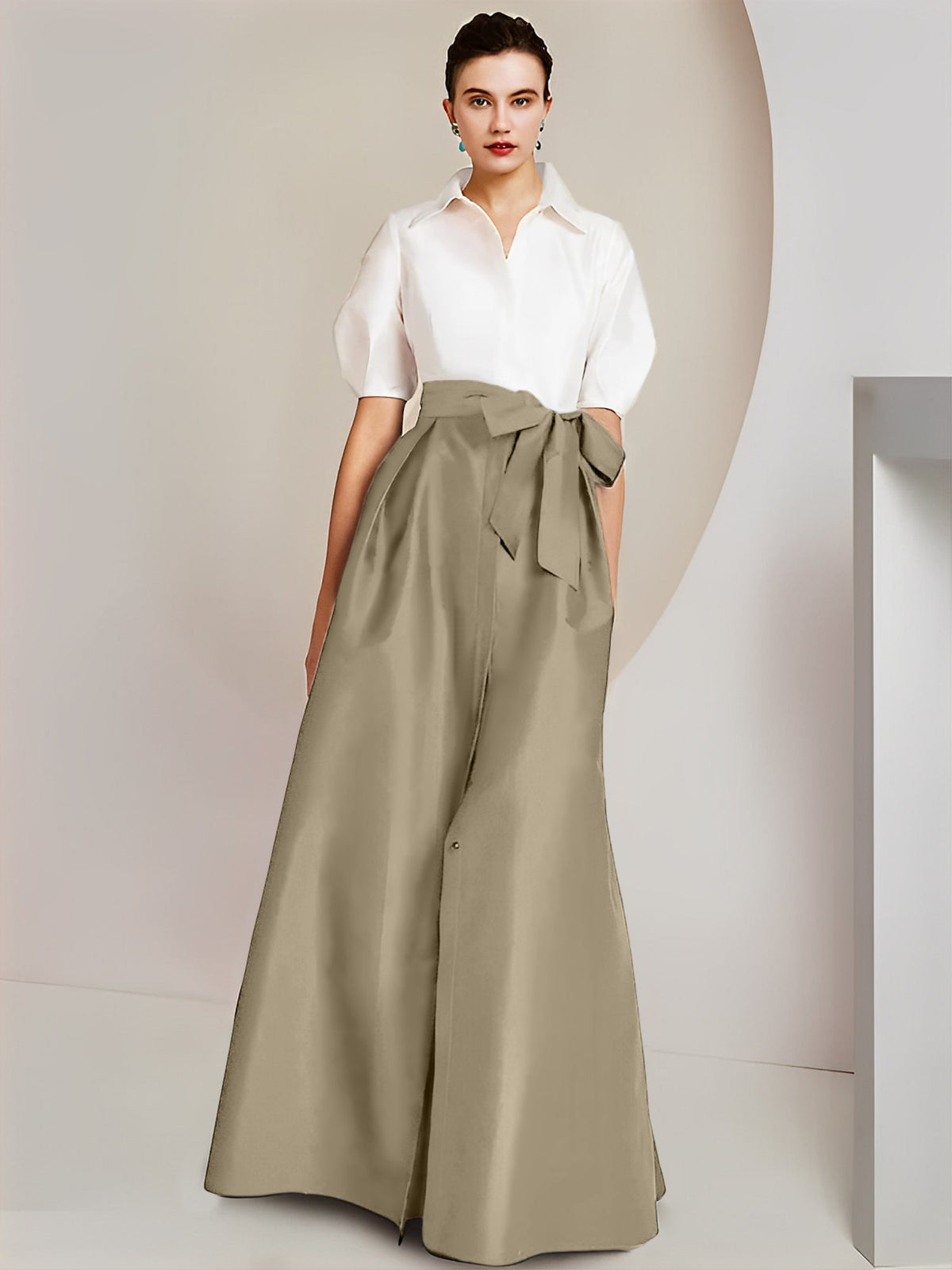 A Line Floor Length Mother Of The Bride Dress Bowknot Shirt Collar Short Sleeves