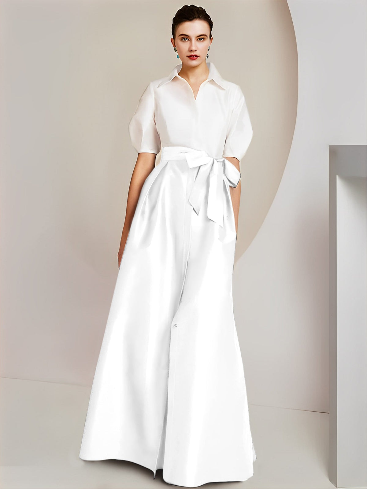 A Line Floor Length Mother Of The Bride Dress Bowknot Shirt Collar Short Sleeves