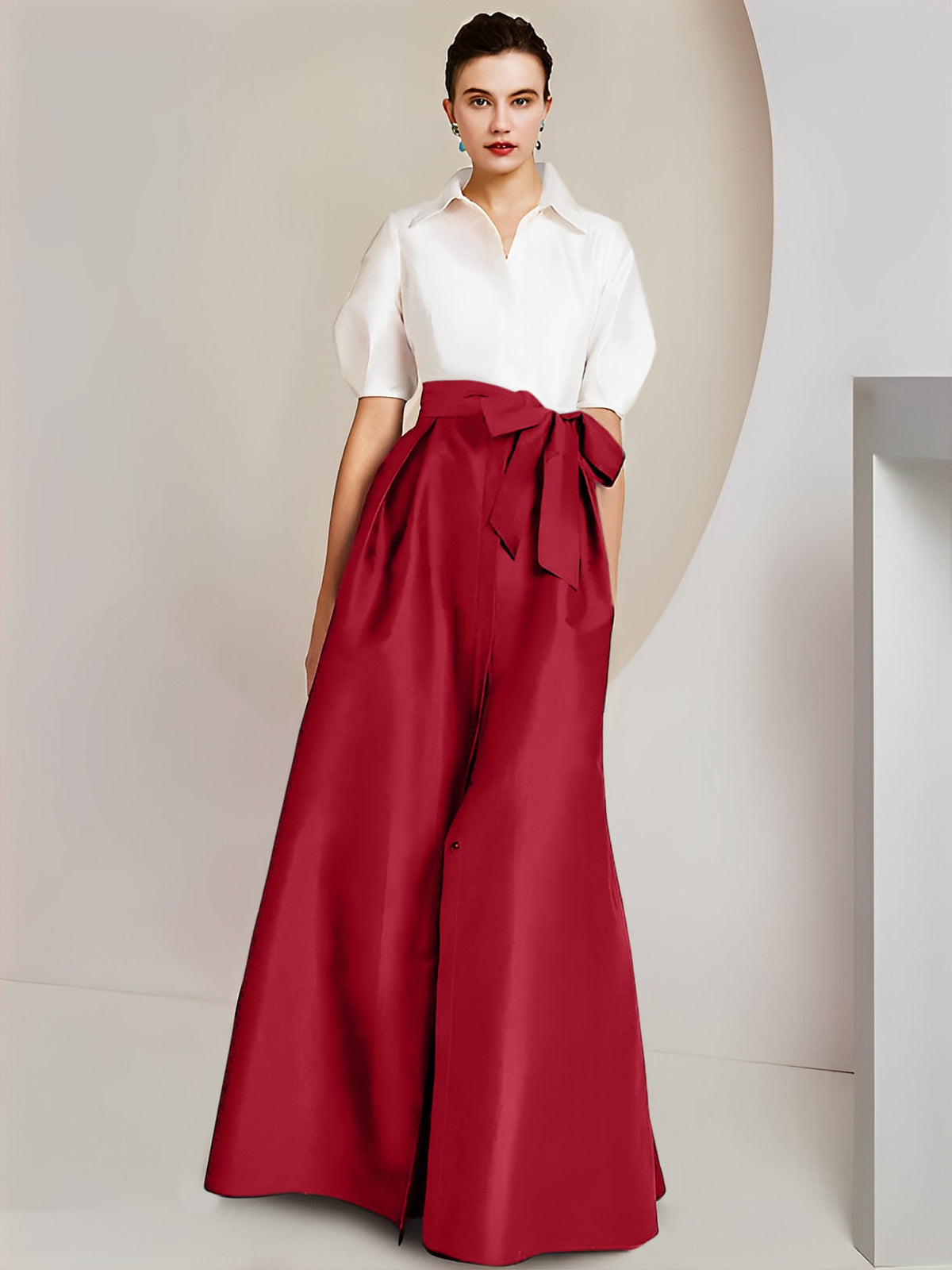 A Line Floor Length Mother Of The Bride Dress Bowknot Shirt Collar Short Sleeves