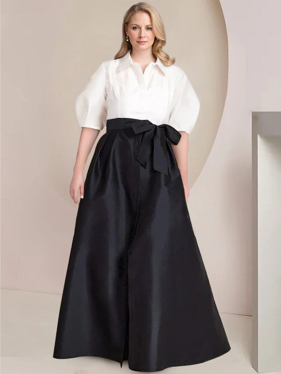 A Line Floor Length Mother Of The Bride Dress Bowknot Shirt Collar Short Sleeves