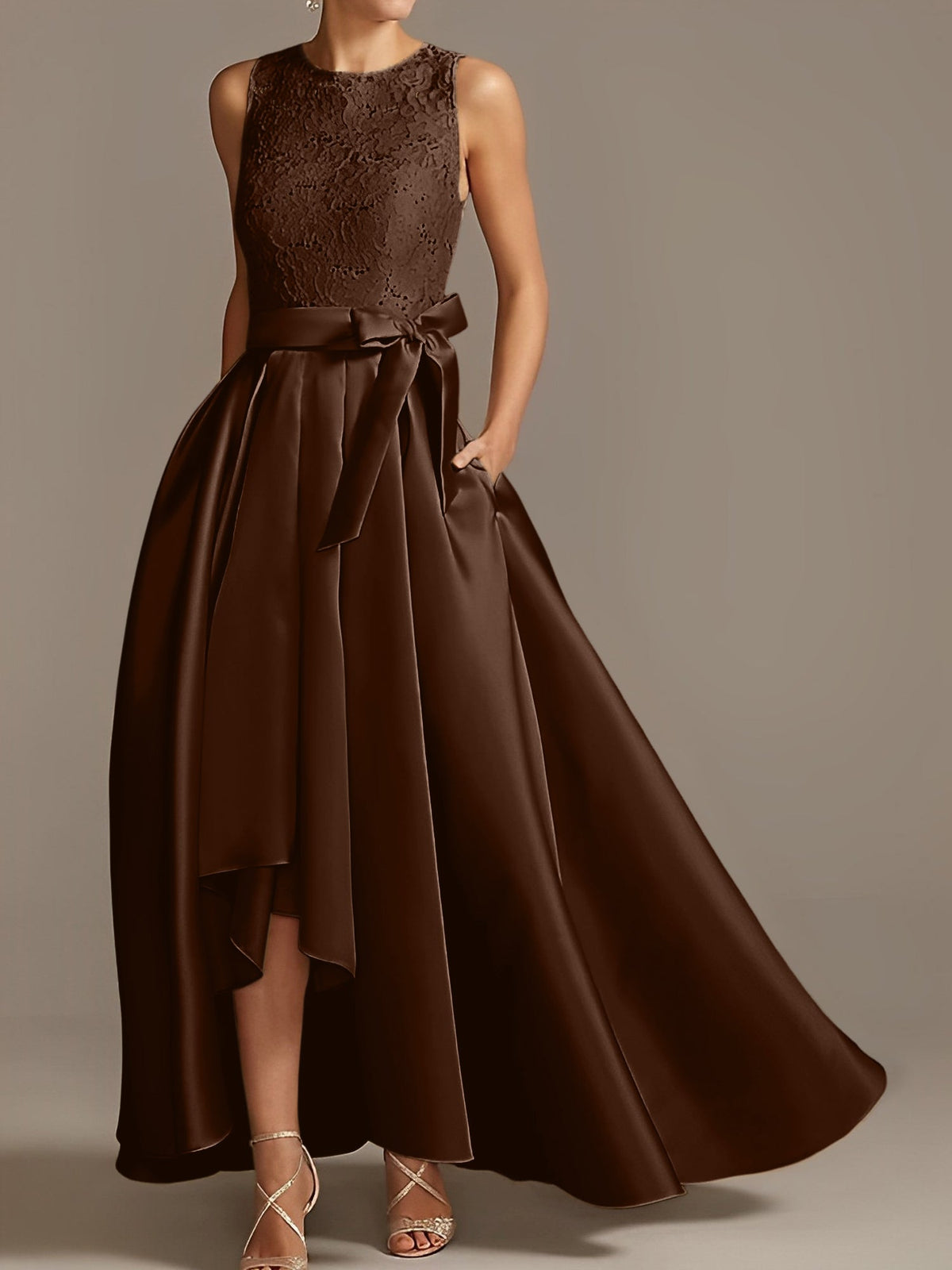 Asymmetrical A Line Sleeveless Mother Of The Bride Dress Jewel Neck Pleats