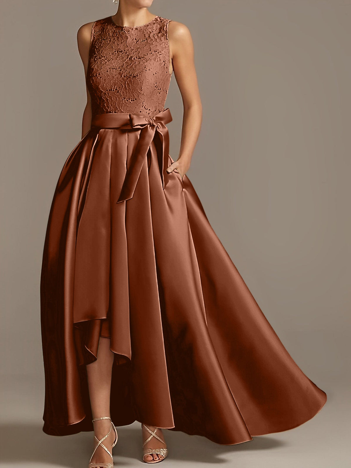 Asymmetrical A Line Sleeveless Mother Of The Bride Dress Jewel Neck Pleats