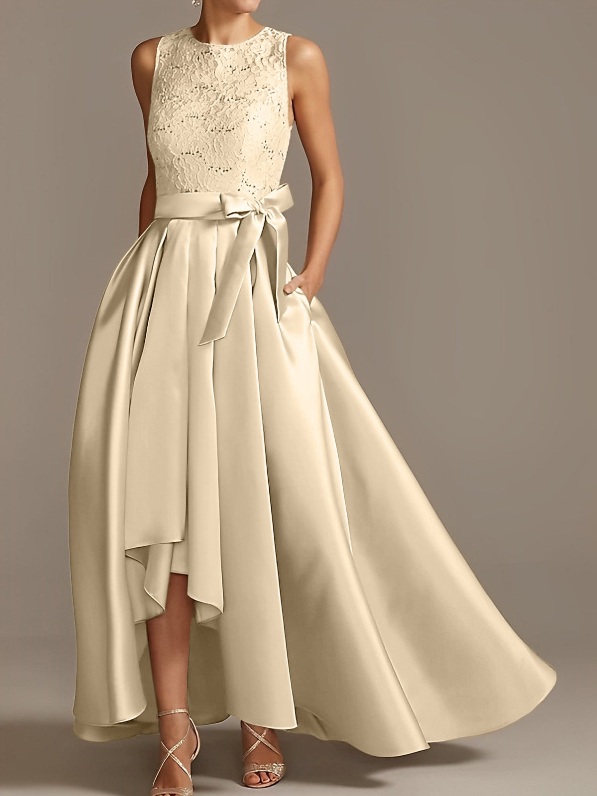Asymmetrical A Line Sleeveless Mother Of The Bride Dress Jewel Neck Pleats