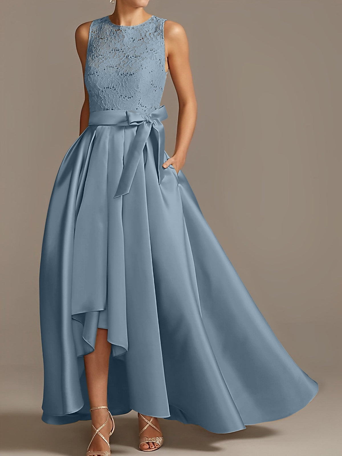 Asymmetrical A Line Sleeveless Mother Of The Bride Dress Jewel Neck Pleats
