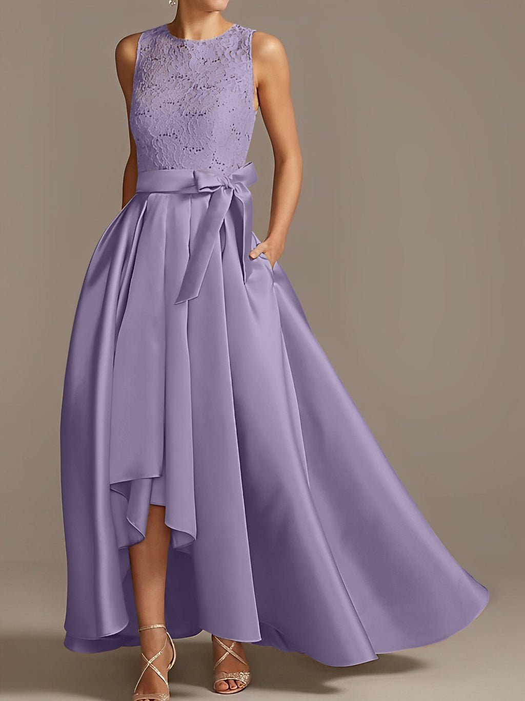 Asymmetrical A Line Sleeveless Mother Of The Bride Dress Jewel Neck Pleats