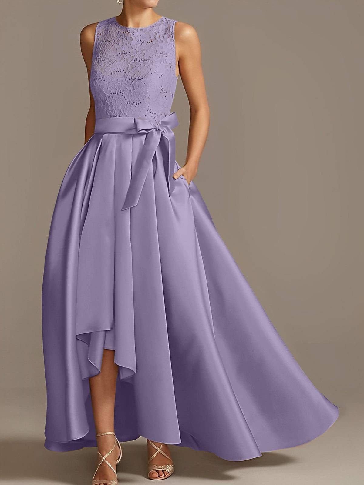 Asymmetrical A Line Sleeveless Mother Of The Bride Dress Jewel Neck Pleats