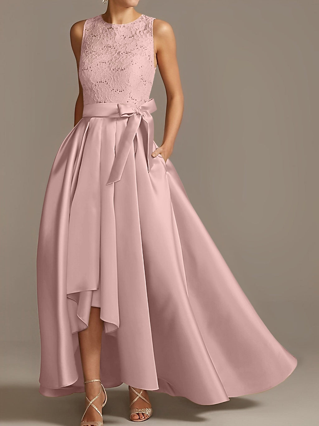 Asymmetrical A Line Sleeveless Mother Of The Bride Dress Jewel Neck Pleats