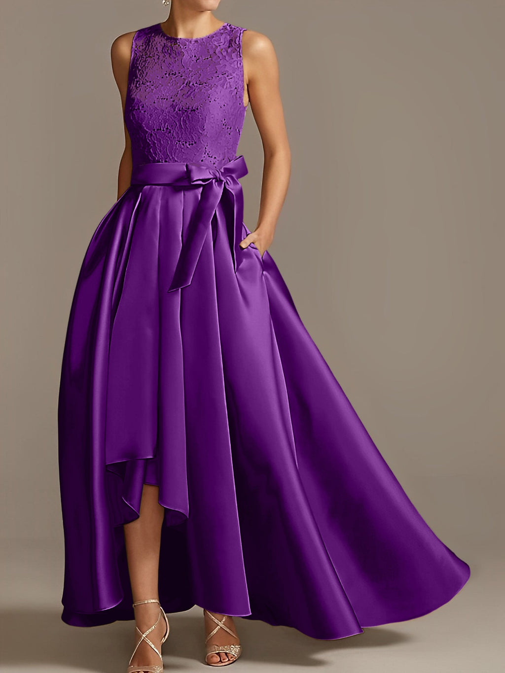 Asymmetrical A Line Sleeveless Mother Of The Bride Dress Jewel Neck Pleats