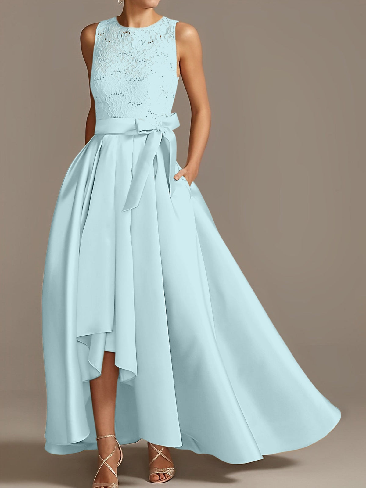 Asymmetrical A Line Sleeveless Mother Of The Bride Dress Jewel Neck Pleats