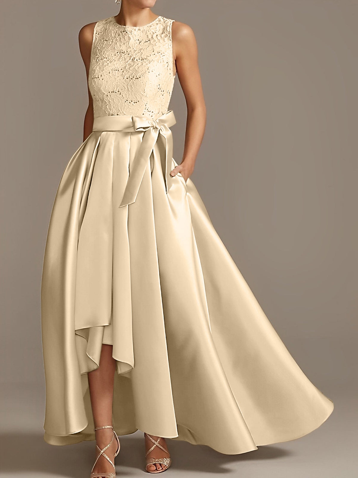 Asymmetrical A Line Sleeveless Mother Of The Bride Dress Jewel Neck Pleats