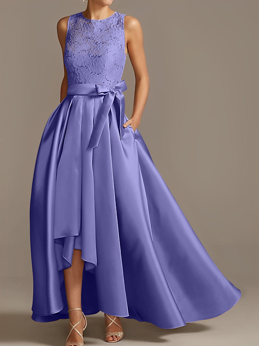 Asymmetrical A Line Sleeveless Mother Of The Bride Dress Jewel Neck Pleats
