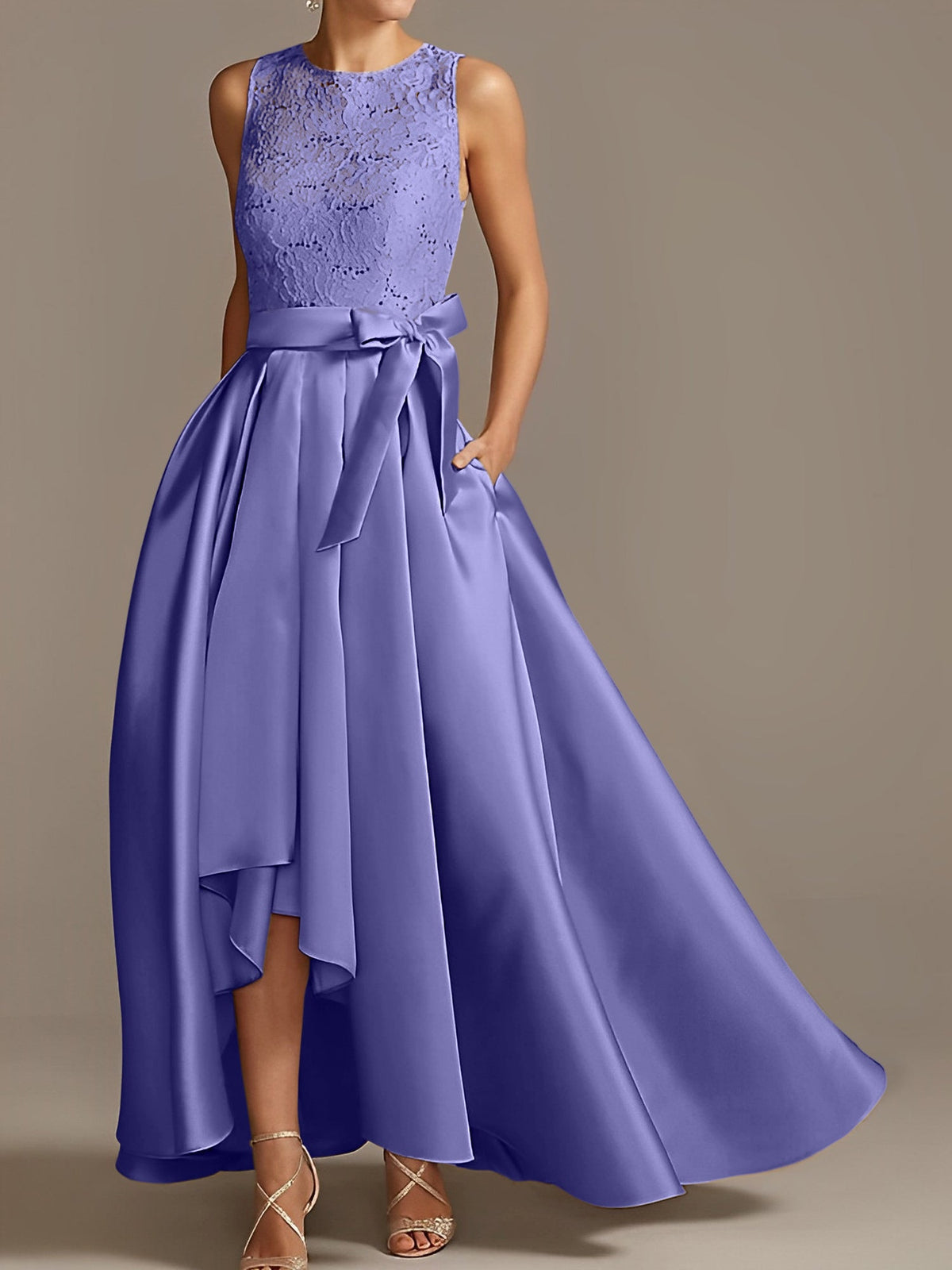 Asymmetrical A Line Sleeveless Mother Of The Bride Dress Jewel Neck Pleats