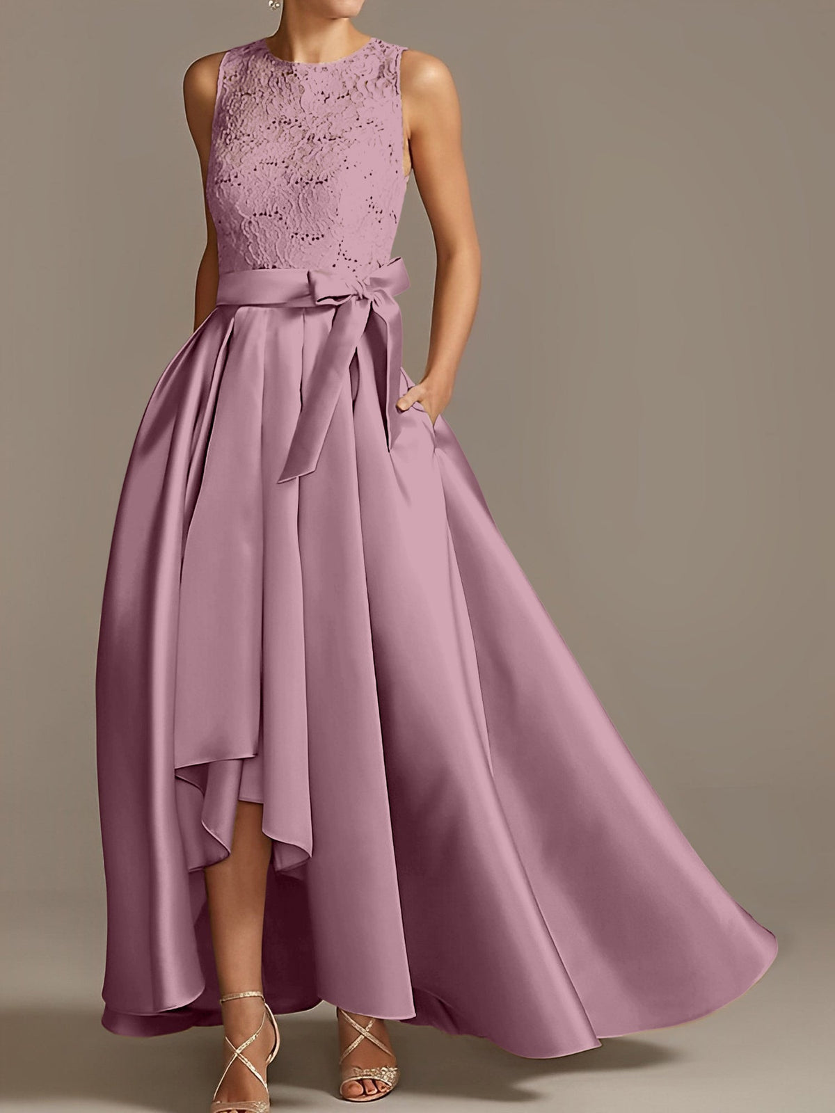 Asymmetrical A Line Sleeveless Mother Of The Bride Dress Jewel Neck Pleats