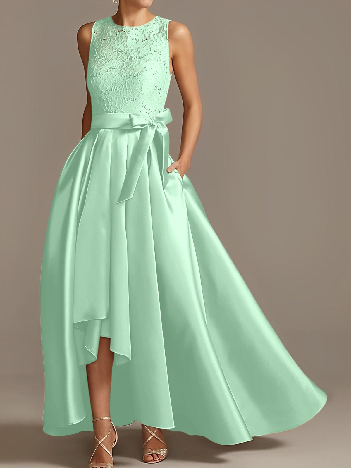 Asymmetrical A Line Sleeveless Mother Of The Bride Dress Jewel Neck Pleats