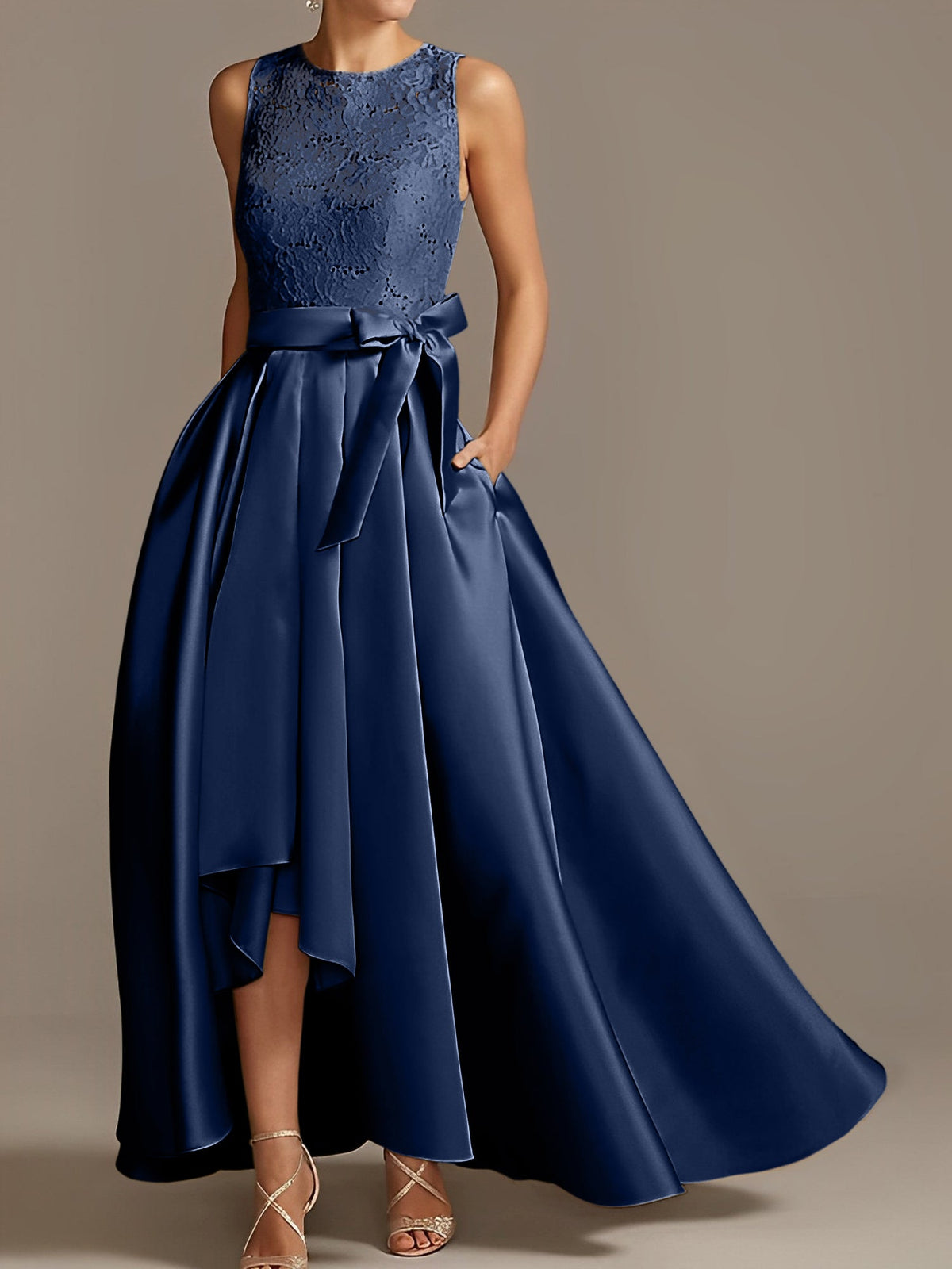 Asymmetrical A Line Sleeveless Mother Of The Bride Dress Jewel Neck Pleats